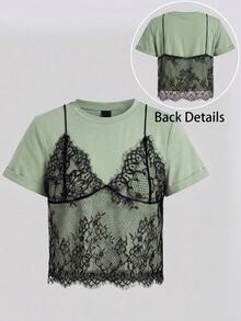 SHEIN Tall CURVE Plus Size Summer White Lace Spliced Round Neck Short Sleeve T-Shirt (2 In 1) - Olive Green - View 1