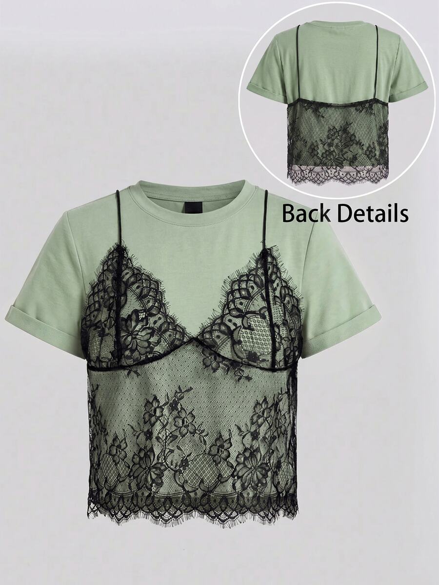 SHEIN Tall CURVE Plus Size Summer White Lace Spliced Round Neck Short Sleeve T-Shirt (2 In 1) - Olive Green - View 1