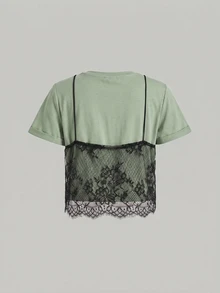 SHEIN Tall CURVE Plus Size Summer White Lace Spliced Round Neck Short Sleeve T-Shirt (2 In 1) - Olive Green - View 2