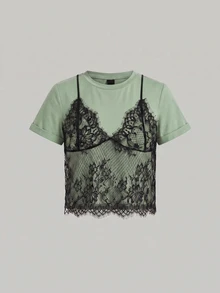 SHEIN Tall CURVE Plus Size Summer White Lace Spliced Round Neck Short Sleeve T-Shirt (2 In 1) - Olive Green - View 5