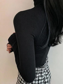 DAZY 女款高領動物印花修身休閒T恤 秋季 - 黑色 - 查看 4
