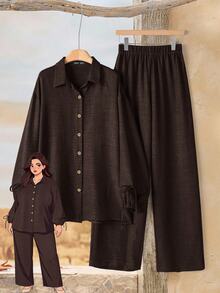 Rusticease Plus Size Women's Solid Color Long Sleeve Single-Breasted Shirt And Pants Casual 2-Piece Set Fall - Brown - View 1
