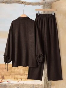 Rusticease Plus Size Women's Solid Color Long Sleeve Single-Breasted Shirt And Pants Casual 2-Piece Set Fall - Brown - View 2