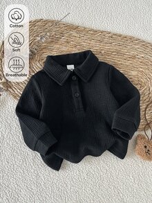 SHEIN Playful Pals 1件男嬰黑色針織提花布料翻領鈕扣長袖POLO衫，含棉，復古休閒極簡韓風POLO衫，適合春秋日常外出、上學、購物等場合 - 黑色 - 查看 4