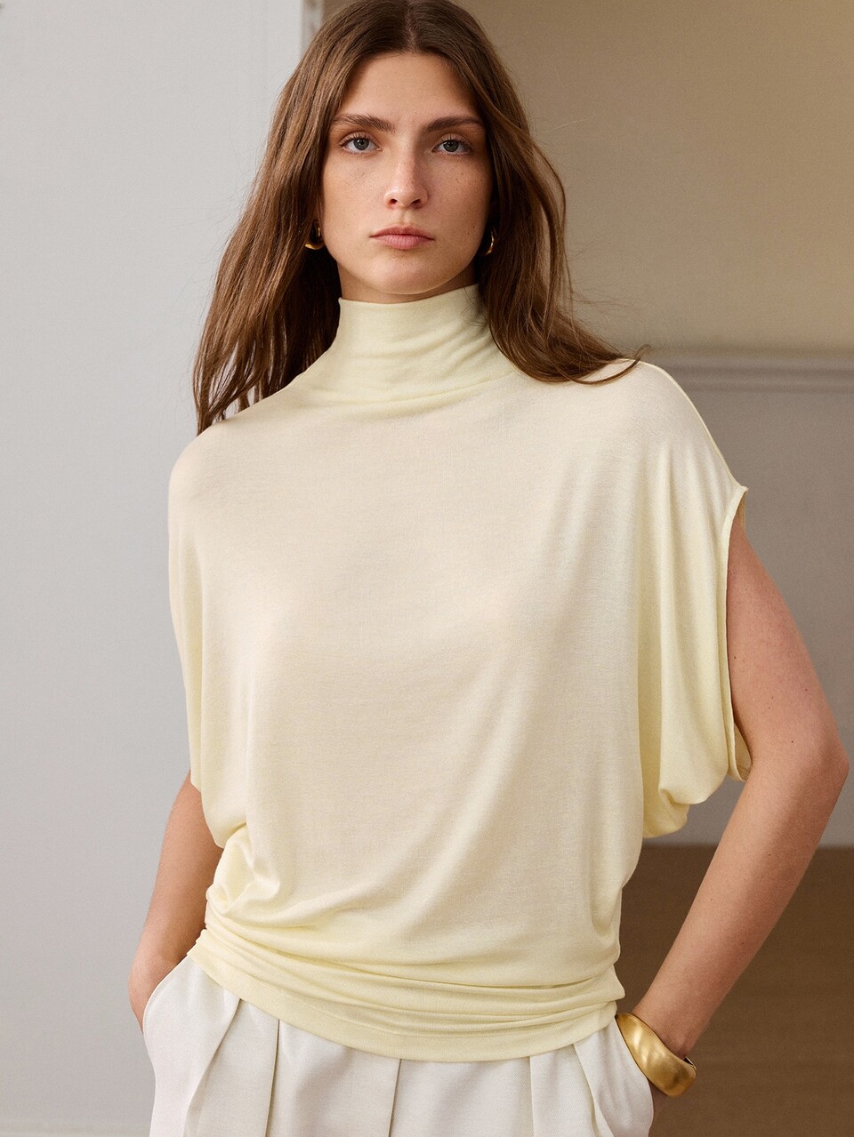 Anewsta Fall Elegant Yellow Turtleneck Knit Top Women Tencel Wool Party Office Going Out Long Sleeve Pullover