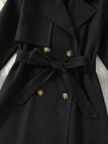 SHEIN 女童梭織雙排扣翻領寬鬆長版法式風衣外套，派克大衣，風衣，休閒軍風，適合通勤與戶外活動，四季皆宜，Y2K風格女童服飾，金屬質感夾克，Y2K風格女童服飾，銀色夾克，酷女孩穿搭，女童服飾，萬聖節，開學季，母女裝 - 黑色 - 查看 7