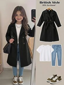 SHEIN 女童梭織雙排扣翻領寬鬆長版法式風衣外套，派克大衣，風衣，休閒軍風，適合通勤與戶外活動，四季皆宜，Y2K風格女童服飾，金屬質感夾克，Y2K風格女童服飾，銀色夾克，酷女孩穿搭，女童服飾，萬聖節，開學季，母女裝 - 黑色 - 查看 5