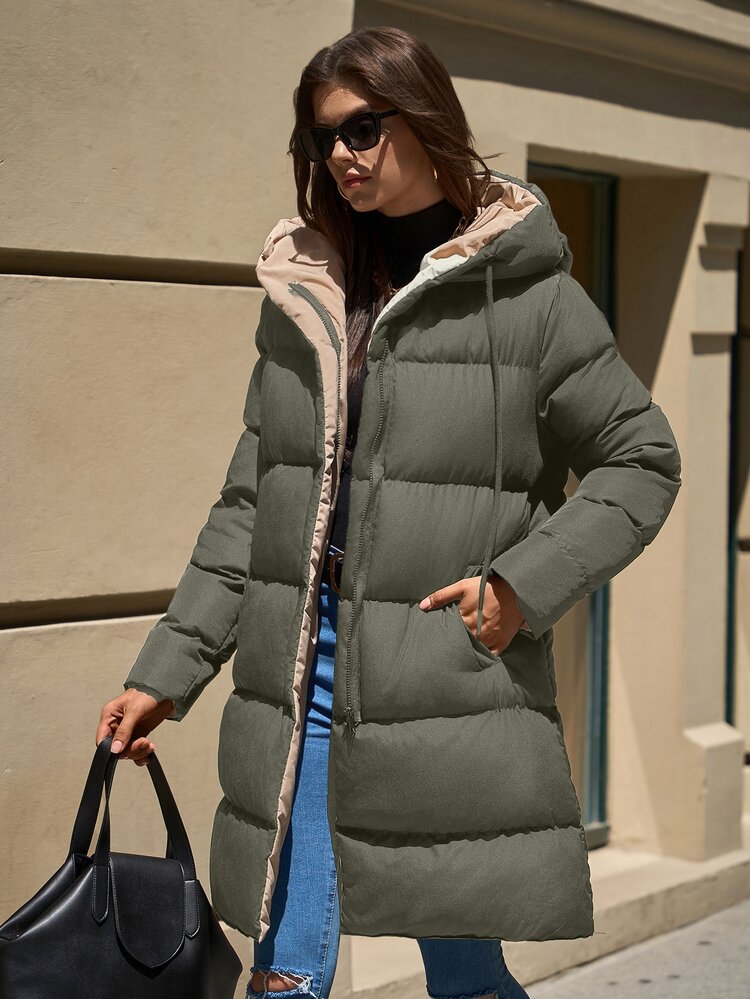 EURMUSE Two-Tone Hooded Pocket Zipper Stand Collar Mid-Length Winter Jacket Travel Everyday Teal Green Minimalist Casual - Army Green - View 3