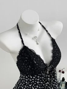 Elamini 女款夏季黑色花卉蕾絲拼接V領掛脖綁帶露背A字背心，甜美鄉村風性感可愛優雅復古度假夜店風 - 黑色 - 查看 6