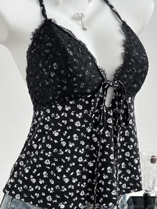 Elamini 女款夏季黑色花卉蕾絲拼接V領掛脖綁帶露背A字背心，甜美鄉村風性感可愛優雅復古度假夜店風 - 黑色 - 查看 7