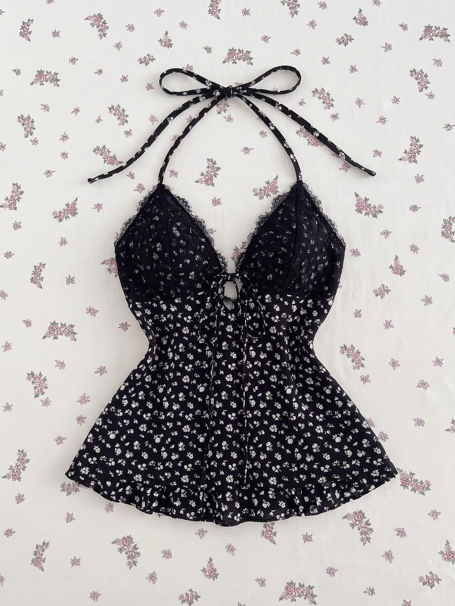 Elamini 女款夏季黑色花卉蕾絲拼接V領掛脖綁帶露背A字背心,甜美鄉村風性感可愛優雅復古度假夜店風 - 黑色 - 查看 1