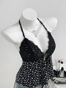 Elamini 女款夏季黑色花卉蕾絲拼接V領掛脖綁帶露背A字背心，甜美鄉村風性感可愛優雅復古度假夜店風 - 黑色 - 查看 3