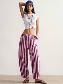 Bohemela Celana Jeans Denim Kasual Bergaris untuk Wanita, Cocok untuk Pemakaian Sehari-hari - Berwarna merah muda - View 4