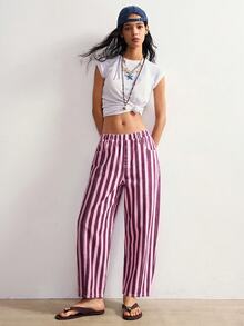 Bohemela Celana Jeans Denim Kasual Bergaris untuk Wanita, Cocok untuk Pemakaian Sehari-hari - Berwarna merah muda - View 6