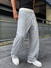 Major Grit 男士灰色與白色秋季街頭風雙腰帶運動長褲，拼接圖案印花，時尚百搭設計，適合送給朋友或男友的理想禮物 - 彩色 - 查看 3