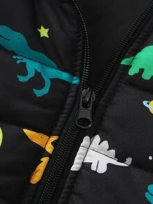 SHEIN Playful Pals Baby Boy Cute Dinosaur Pattern Hooded Zipper Quilted Vest Jacket, Baby Boy Autumn/Winter Vest, Baby Hooded Vest - Black - View 3