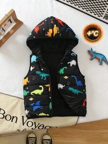 SHEIN Playful Pals Baby Boy Cute Dinosaur Pattern Hooded Zipper Quilted Vest Jacket, Baby Boy Autumn/Winter Vest, Baby Hooded Vest - Black - View 1