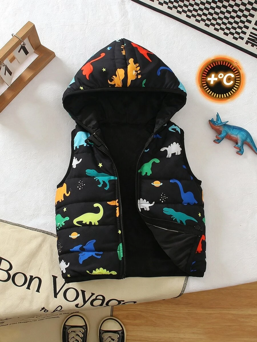 SHEIN Playful Pals Baby Boy Cute Dinosaur Pattern Hooded Zipper Quilted Vest Jacket, Baby Boy Autumn/Winter Vest, Baby Hooded Vest - Black - View 1