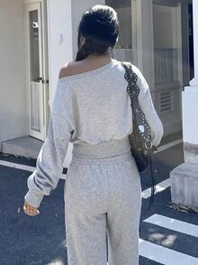 青少年女孩字母印花不對稱肩長袖衛衣與抽繩腰長褲套裝 - 灰色 - 查看 2