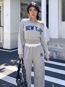 青少年女孩字母印花不對稱肩長袖衛衣與抽繩腰長褲套裝 - 灰色 - 查看 6