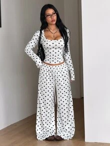 Coolane 女款秋冬街頭風可愛外出波點印花長袖上衣與長褲套裝 - 黑與白 - 查看 2