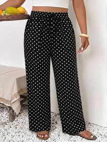 SHEIN Frenchy 大尺碼女款休閒商務波希米亞風寬鬆長褲，時尚度假黑色圓點圖案沙灘褲，適合海邊度假、夏季女裝、商務女裝褲、假日休閒褲 - 黑色 - 查看 3