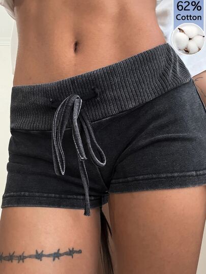 Muchica Summer Women's Sports Distressed Washed Shorts Set, Charcoal Gray Knit Slim-Fit Yoga Shorts, Suitable For Joggers. Workout Gym Casual Athleisure