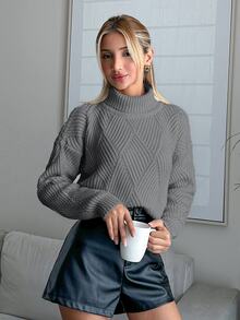 EURMUSE Women Solid Color Diamond Pattern Turtleneck Pullover - Light Grey - View 5