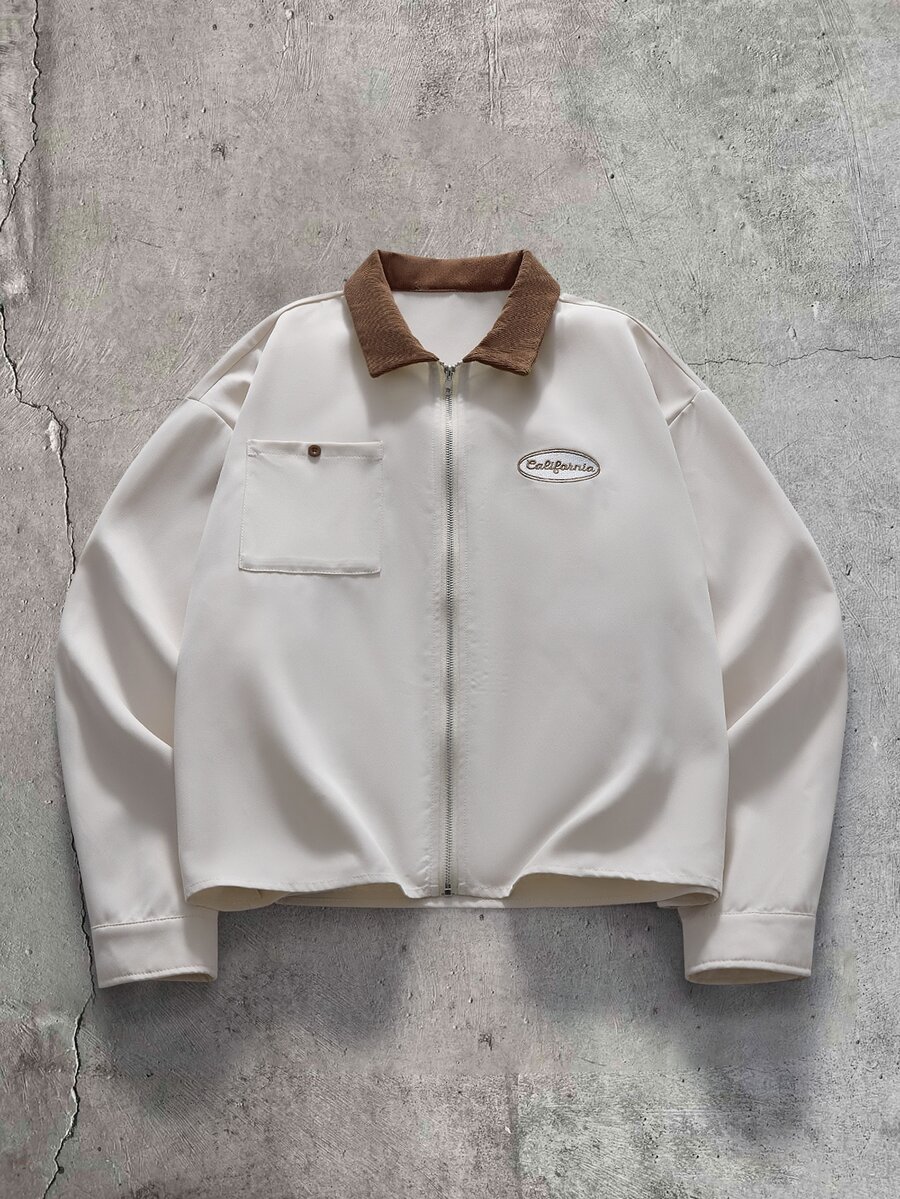 AXEPEAK Men's Letter Embroidered Contrast Color Lapel Long Sleeve Zipper Placket Shirt - Apricot - View 1