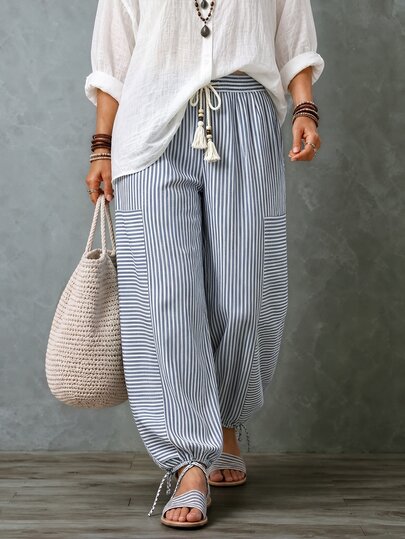 Ceyna Plus Size Women's Elegant Soft Form Casual Soft Form Baby Blue Long Balloon Pants With Tie-Up Cuffs, Summer Vacation Formal Vacation