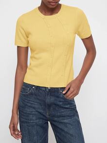 Maija Women's Yellow Short Sleeve Cardigan With Round Neck And Asymmetric Front - Pale Yellow - View 5