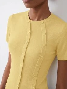 Maija Women's Yellow Short Sleeve Cardigan With Round Neck And Asymmetric Front - Pale Yellow - View 7