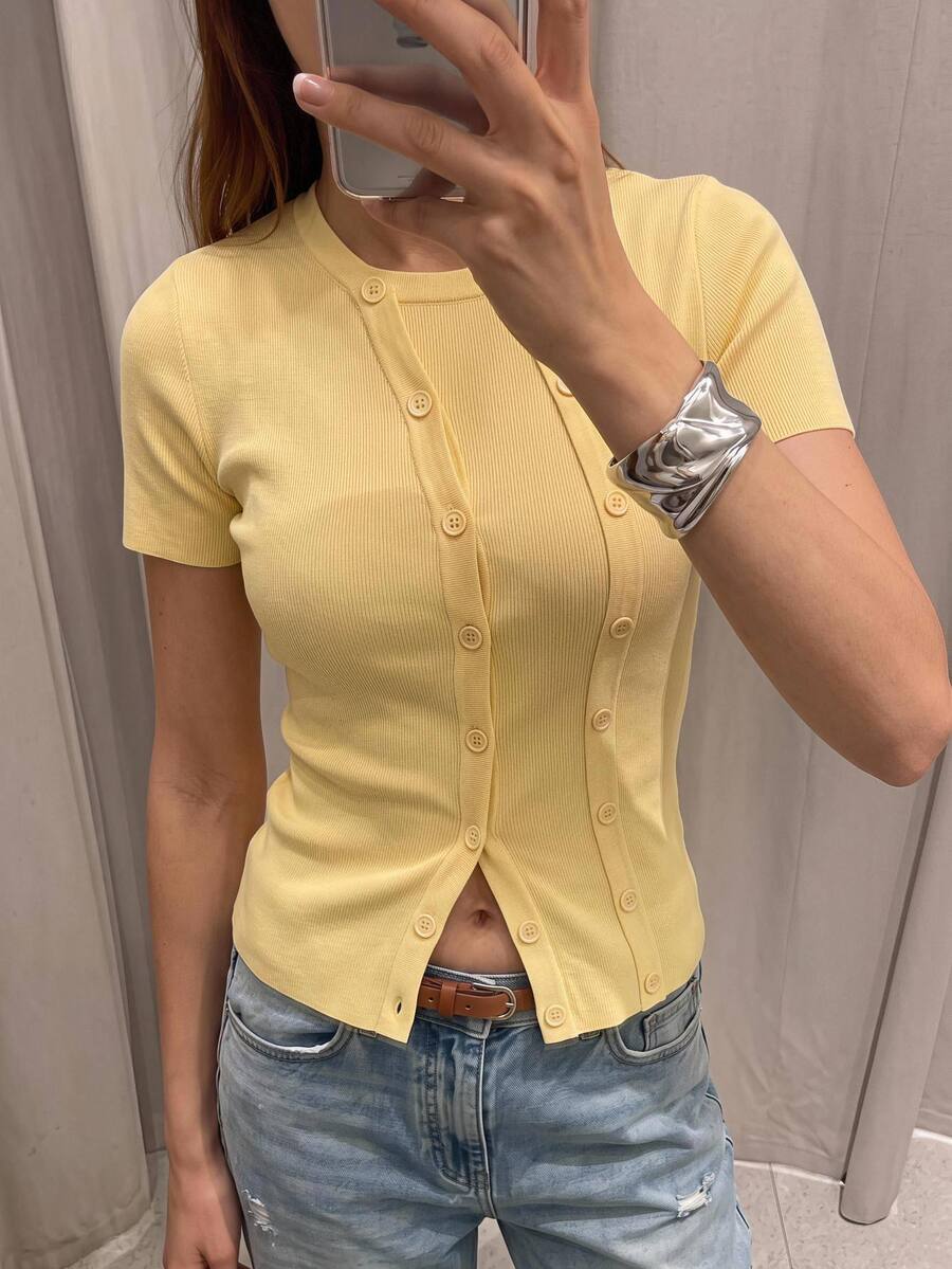 Maija Women's Yellow Short Sleeve Cardigan With Round Neck And Asymmetric Front - Pale Yellow - View 1