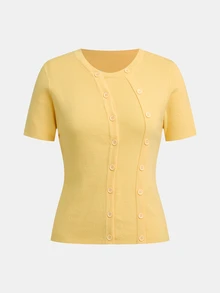 Maija Women's Yellow Short Sleeve Cardigan With Round Neck And Asymmetric Front - Pale Yellow - View 3