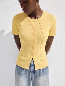 Maija Women's Yellow Short Sleeve Cardigan With Round Neck And Asymmetric Front - Pale Yellow - View 2