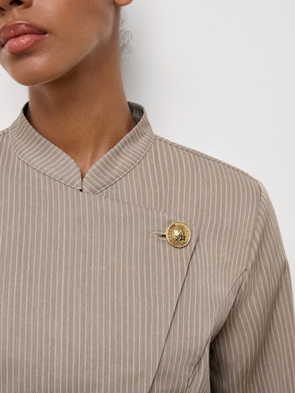 SHEIN Maija Khaki Striped Autumn Women's Jacket, Long Sleeve, Asymmetric Closure, Vintage Casual Elegant Urban Modern, Cinched Waist, Fitted Business Office