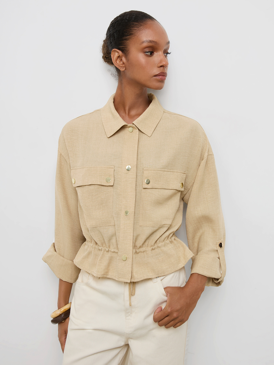 SHEIN Maija Women's Autumn Utility Pocket Cropped Jacket Clothes Festival Back To School Beach Everyday Travel Going Out Vacation Casual Safari Sports Khaki