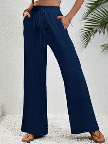 Wandoria Women's Solid Color Drawstring Waist Pocket Casual Daily Long Pants - Blue - View 6