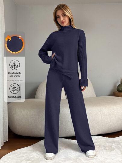 EURMUSE 2pcs/Set Women Solid Color Turtleneck Long Sleeve Sweater And Knitted Long Pants Travel Dark Grey Autumn Casual