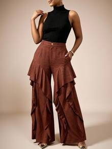 Vesra Women's Solid Color Casual Versatile Daily Wear Long Pants - Burnt Orange - View 3
