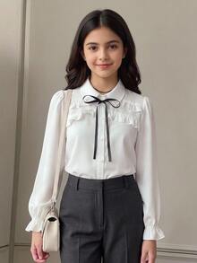 SHEIN 兒童青少年女孩寬鬆休閒極簡舒適日常穿著學院風白色荷葉邊飾泡泡袖優雅荷葉邊前開扣襯衫長袖上衣返校季 - 白色 - 查看 7