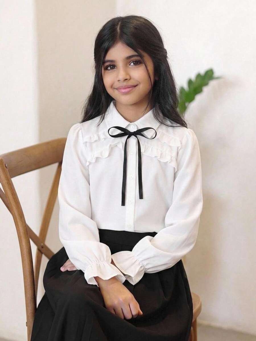 SHEIN 兒童青少年女孩寬鬆休閒極簡舒適日常穿著學院風白色荷葉邊飾泡泡袖優雅荷葉邊前開扣襯衫長袖上衣返校季 - 白色 - 查看 1