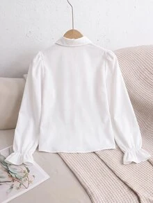 SHEIN 兒童青少年女孩寬鬆休閒極簡舒適日常穿著學院風白色荷葉邊飾泡泡袖優雅荷葉邊前開扣襯衫長袖上衣返校季 - 白色 - 查看 2