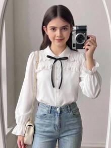 SHEIN 兒童青少年女孩寬鬆休閒極簡舒適日常穿著學院風白色荷葉邊飾泡泡袖優雅荷葉邊前開扣襯衫長袖上衣返校季 - 白色 - 查看 8