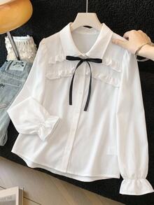 SHEIN 兒童青少年女孩寬鬆休閒極簡舒適日常穿著學院風白色荷葉邊飾泡泡袖優雅荷葉邊前開扣襯衫長袖上衣返校季 - 白色 - 查看 3