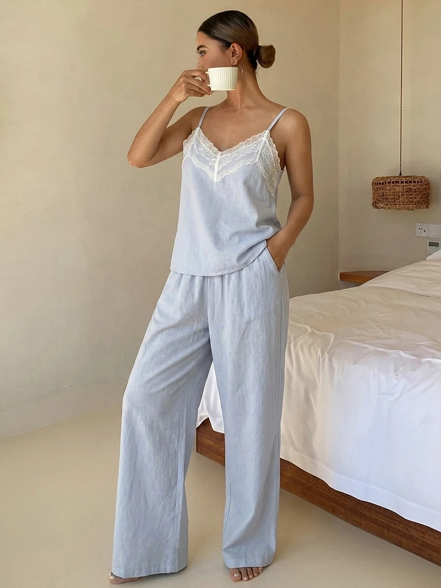 DAZY 2pcs/Set Women's Contrast Lace Patchwork Camisole Top And Pants Pajama Set, Summer - Blue - View 1