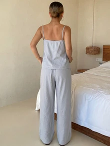 DAZY 2件套女士撞色蕾丝拼接吊带背心和裤子睡衣套装，夏季 - 藍色 - 查看 2