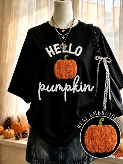 Lalippa Autumn Vibe Halloween HELLO Pumpkin Towel Embroidery Drop Shoulder Loose Casual T-Shirt, Halloween Pumpkin Embroidered Short Sleeve Top, Chenille Yarn 3D Embroidery T-Shirt, Halloween Party, Autumn Outing, Daily Streetwear, Holiday Gift Customized Fashion Women's Clothing