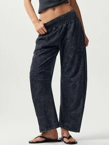 Bohemela Casual Solid Color Knit Loose Washed Women's Long Pants - Black - View 6