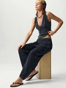 Bohemela Casual Solid Color Knit Loose Washed Women's Long Pants - Black - View 7